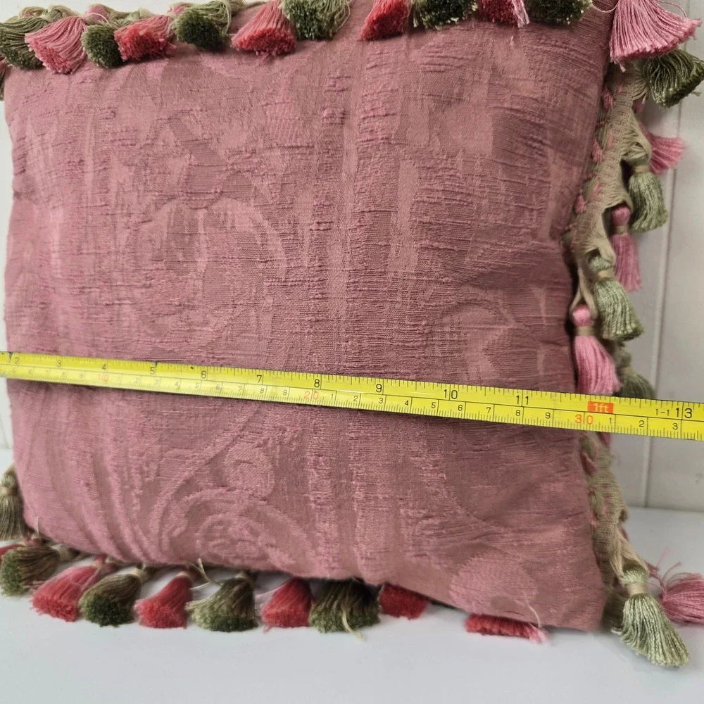 Villiers Regency Pink Damask Silk‎ Tassel Fringe Decorative Accent Pillow 12x12